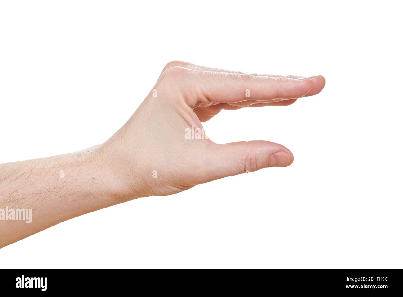 Mano per tenere qualcosa, isolato su bianco primo piano Foto Stock