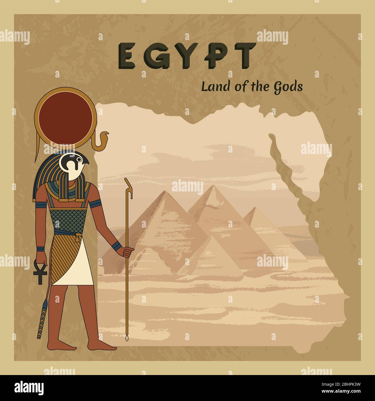 L'antico dio egiziano Ra dipinse sullo sfondo della mappa dell'Egitto con piramidi. Illustrazione Vettoriale