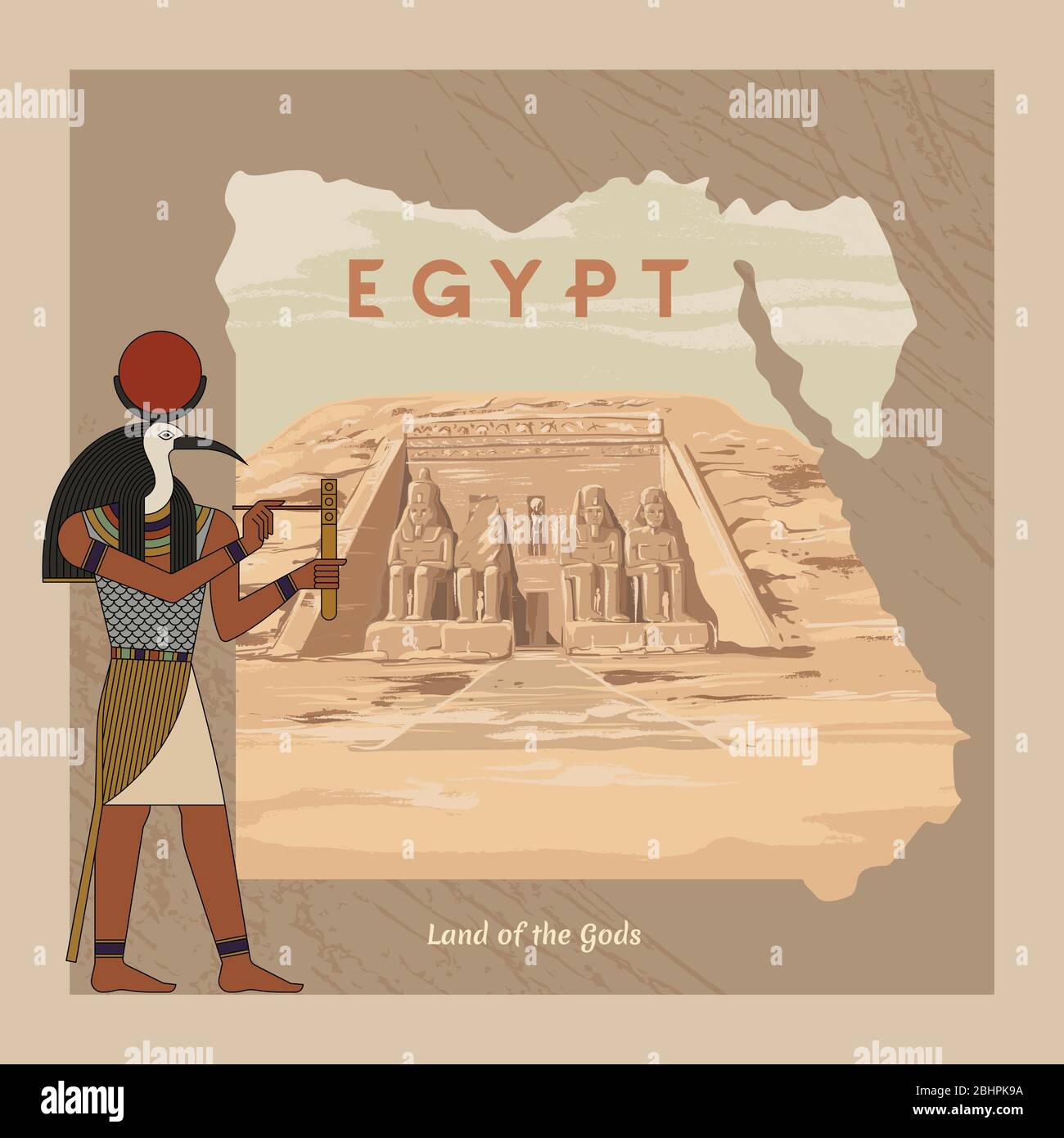 L'antico dio egiziano Ra dipinse sullo sfondo della mappa dell'Egitto con piramidi. Illustrazione Vettoriale