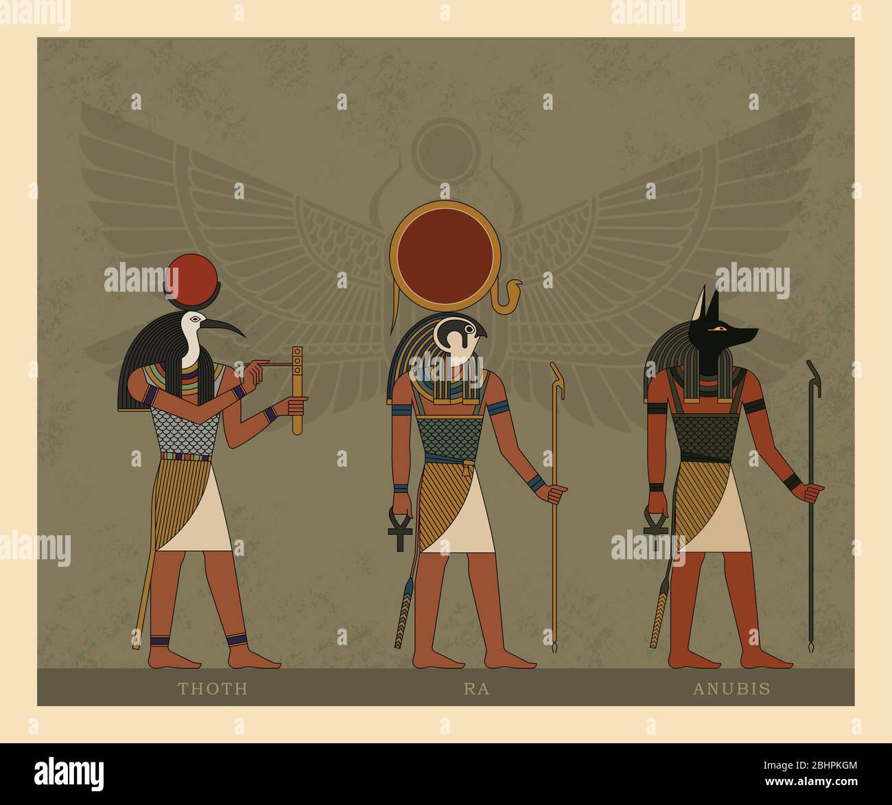 Illustrazione degli dei e dei simboli dell'antico Egitto isolato sullo sfondo del scarabeo coleottero. Illustrazione Vettoriale
