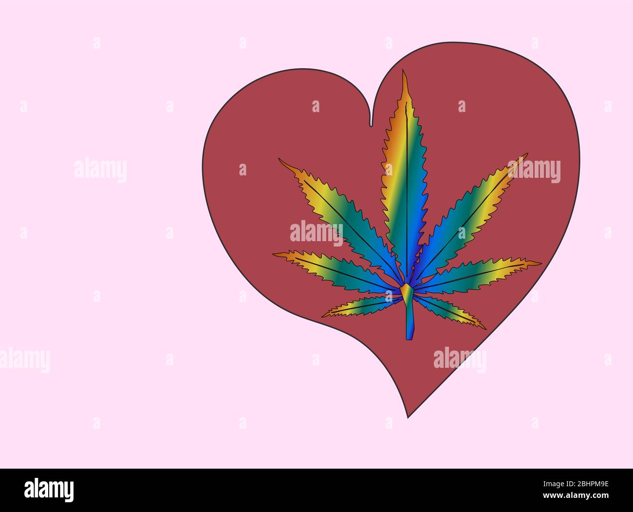foglia di cannabis dipinta con colori arcobaleno sullo sfondo di un cuore rosso disegnato a mano su sfondo rosa. Simboli LGBT Illustrazione Vettoriale