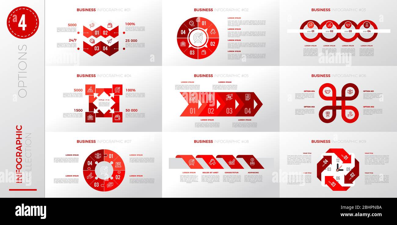 Modello aziendale infografico con 4 opzioni. Versione colore rosso. Illustrazione Vettoriale