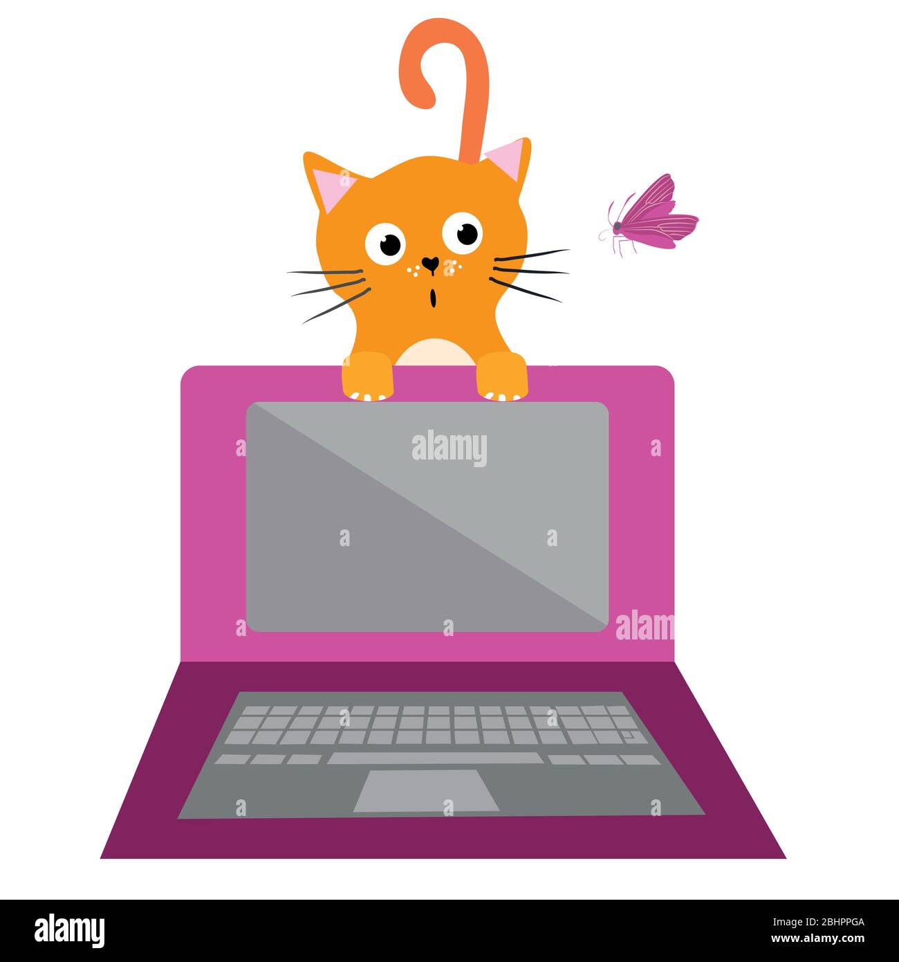 Carino cartoon gatto e laptop illustrazione vettoriale. Il gattino sorpreso dell'animale domestico dello zenzero è distratto dalla farfalla e interrompe il flusso di lavoro dell'ufficio di affari Illustrazione Vettoriale