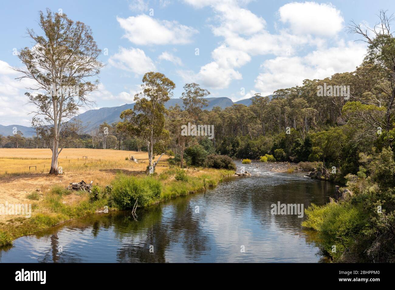 Il paesaggio del fiume Mersey in Tasmania, Australia Foto Stock