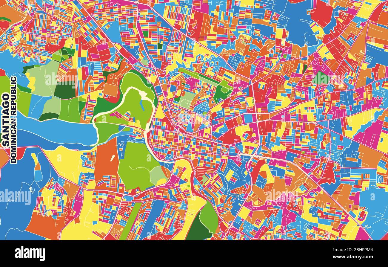 Mappa vettoriale colorata di Santiago, Santiago, Repubblica Dominicana. Modello Art Map per autostampare opere d'arte murali in formato orizzontale. Illustrazione Vettoriale
