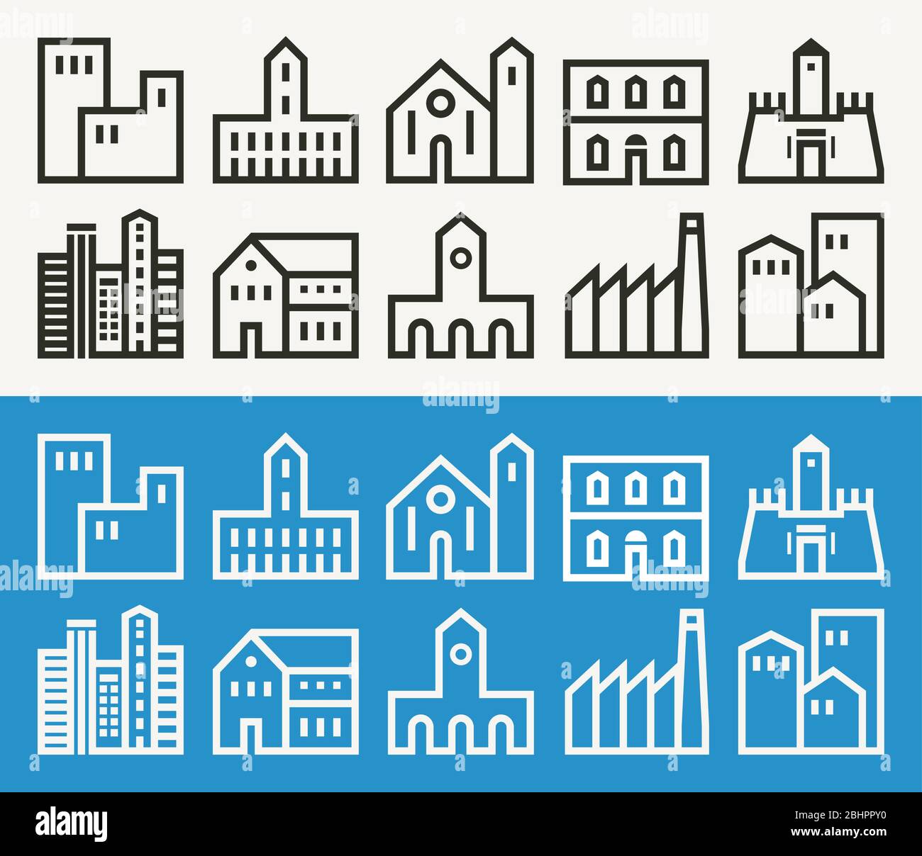 Minimo edifici relativi icone vettoriali contorno impostato Illustrazione Vettoriale