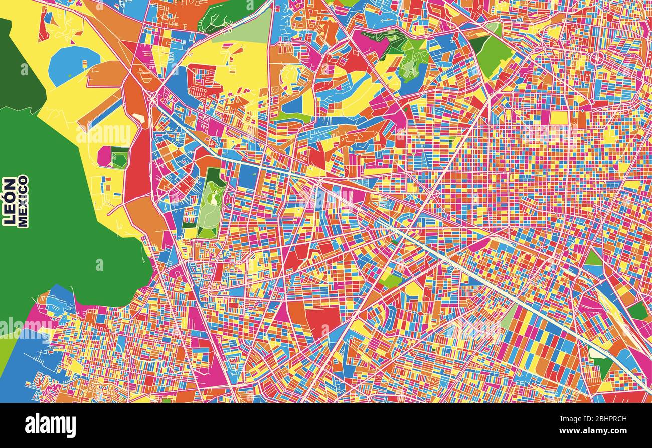 Mappa vettoriale colorata di León, Guanajuato, Messico. Modello Art Map per autostampare opere d'arte murali in formato orizzontale. Illustrazione Vettoriale