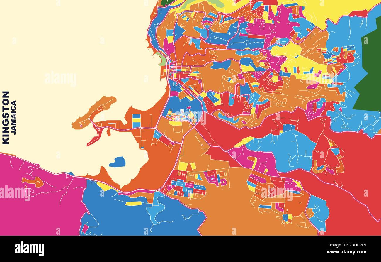Mappa vettoriale colorata di Kingston, Saint James, Giamaica. Modello Art Map per autostampare opere d'arte murali in formato orizzontale. Illustrazione Vettoriale