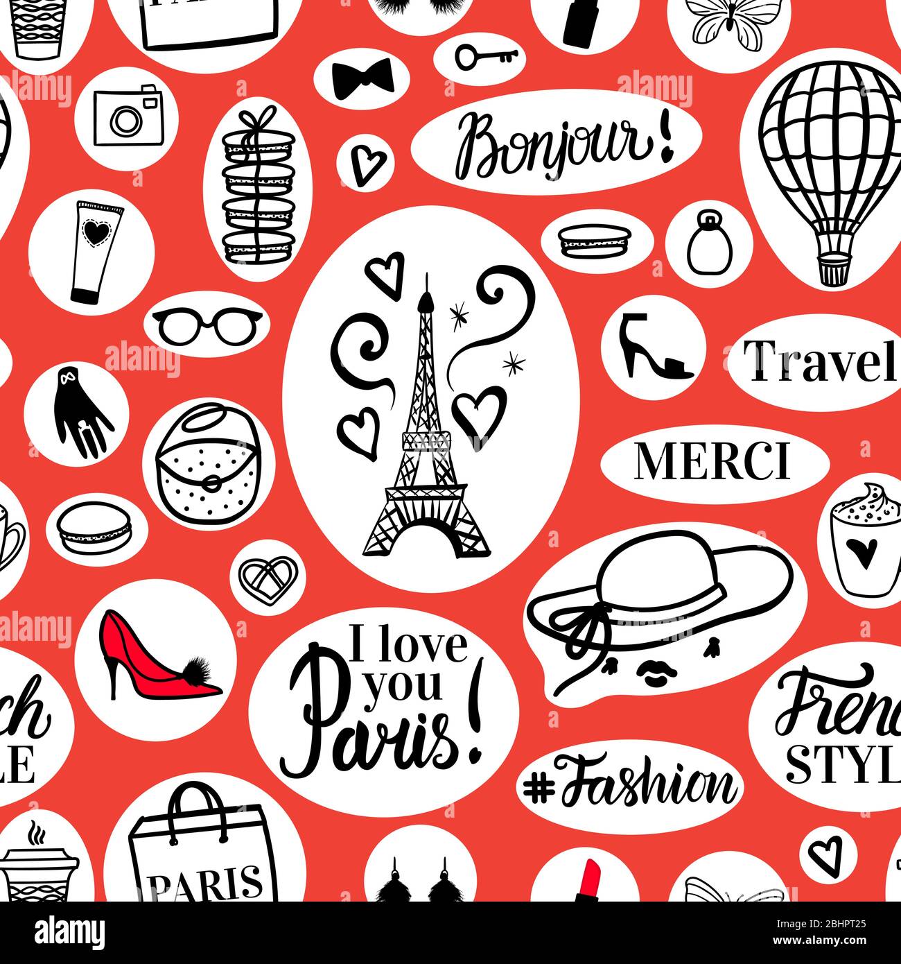 Parigi disegni senza cuciture illustrazioni di moda nera disegnate a mano Torre Eiffel ed elementi di stile francese. Design della superficie Vector Travel. Adesivi su rosso Illustrazione Vettoriale