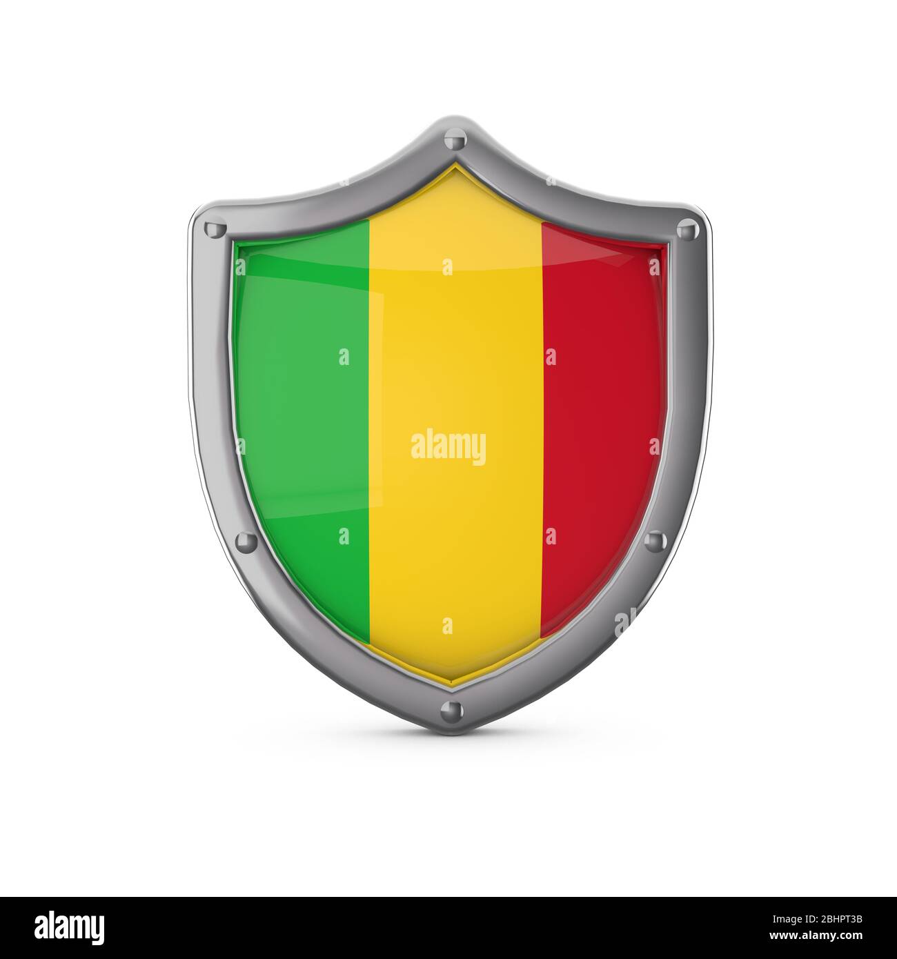 Concetto di sicurezza del Mali. Forma dello scudo metallico con bandiera nazionale Foto Stock