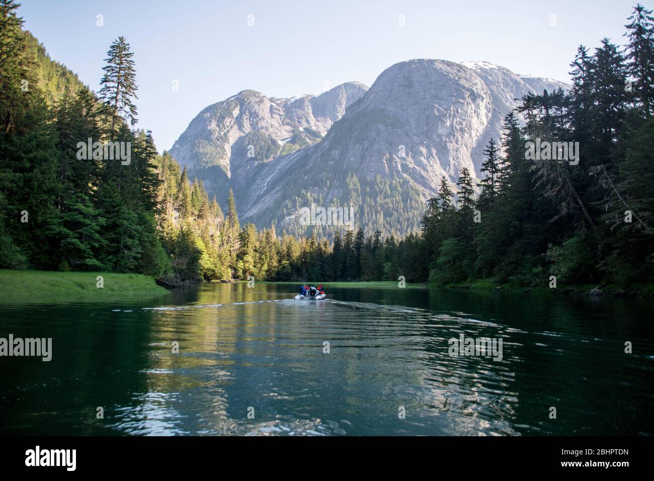 Una guida naturalistica ecoturismo in una barca Zodiac porta i turisti su un fiume remoto nella foresta pluviale del Grande Orso, British Columbia, Canada. Foto Stock