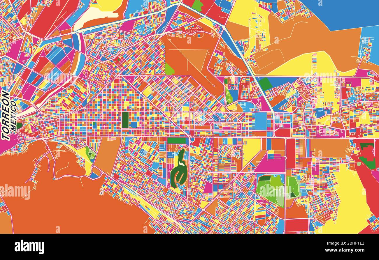 Mappa vettoriale colorata di Torreón, Coahuila, Messico. Modello Art Map per autostampare opere d'arte murali in formato orizzontale. Illustrazione Vettoriale