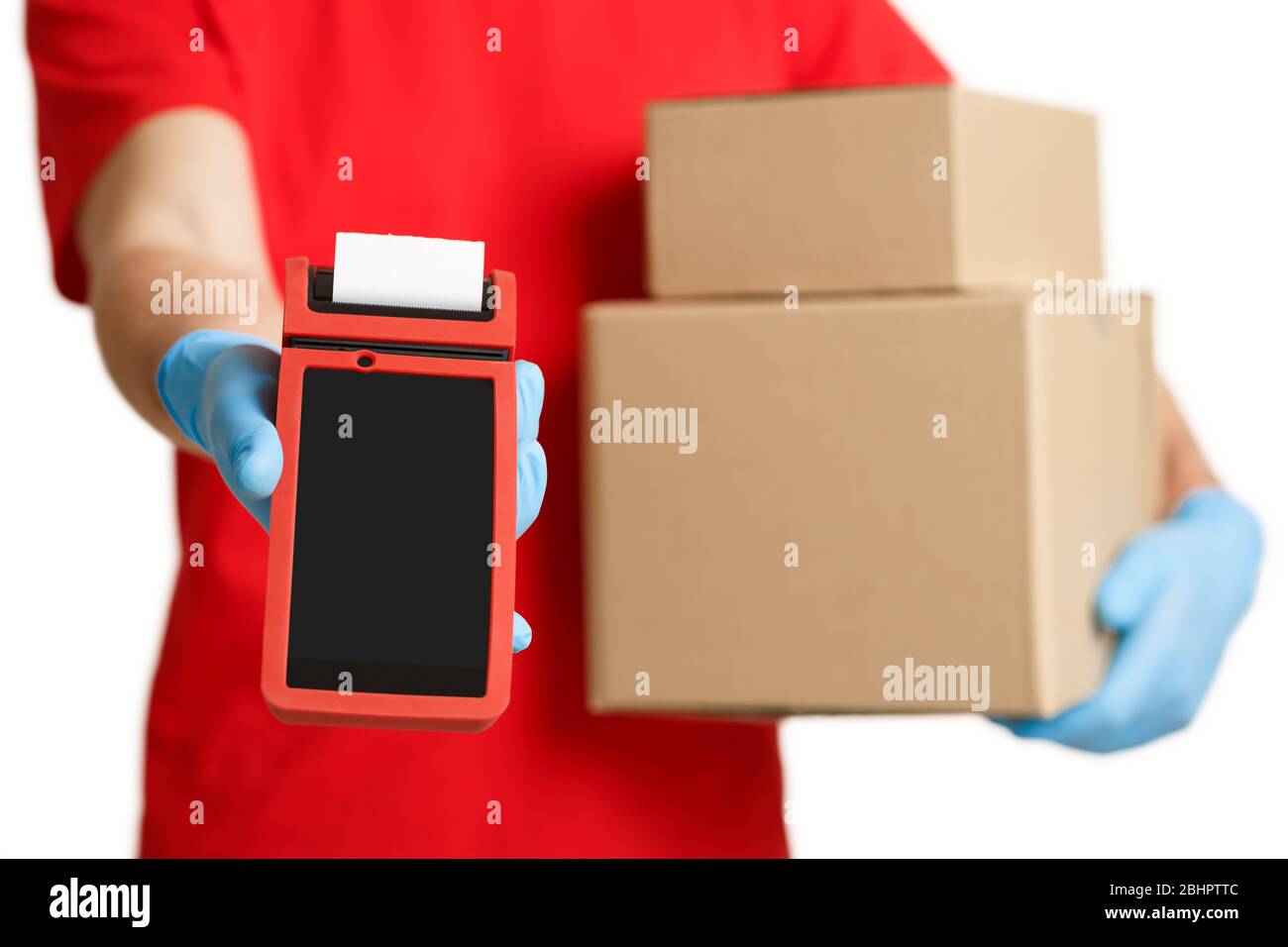 Terminale con schermo vuoto in mano di uomo di consegna Foto Stock