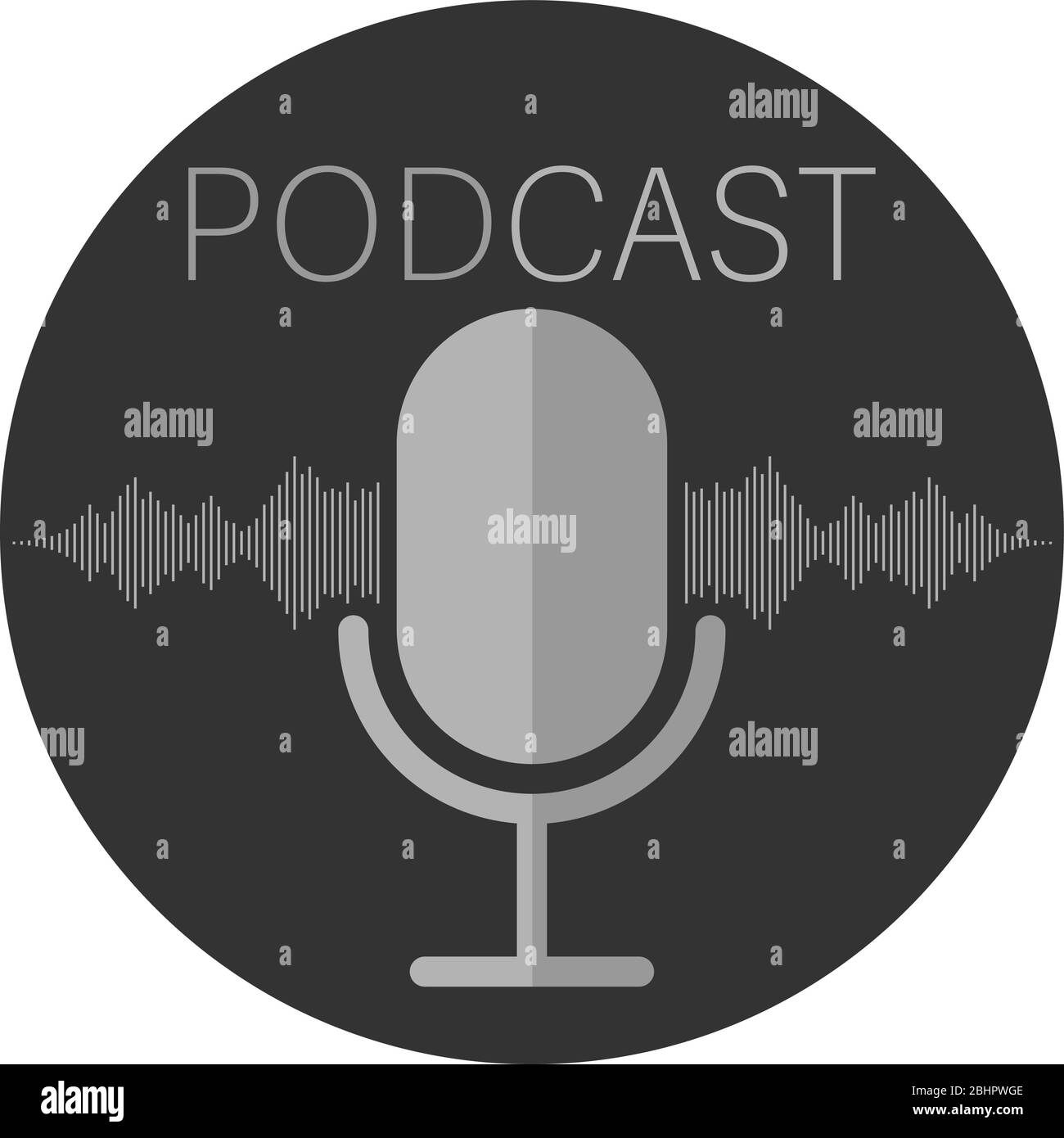 semplice icona o simbolo piatto rotondo del podcast con microfono di registrazione e illustrazione vettoriale della forma d'onda Illustrazione Vettoriale
