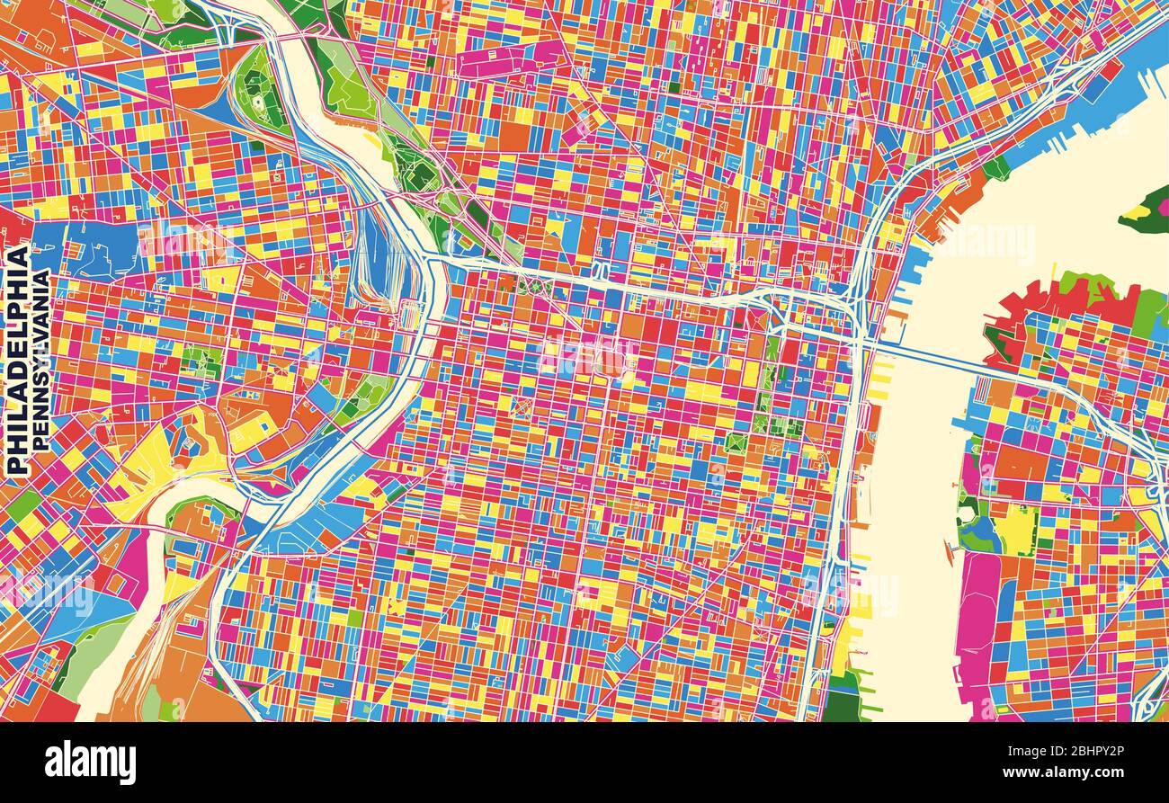 Mappa vettoriale colorata di Philadelphia, Pennsylvania, Stati Uniti. Modello Art Map per autostampare opere d'arte murali in formato orizzontale. Illustrazione Vettoriale