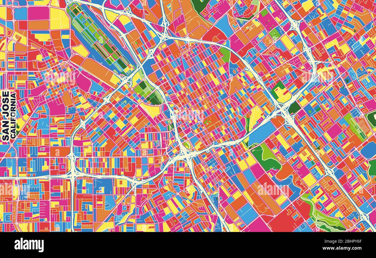 Mappa vettoriale colorata di San Jose, California, Stati Uniti. Modello Art Map per autostampare opere d'arte murali in formato orizzontale. Illustrazione Vettoriale