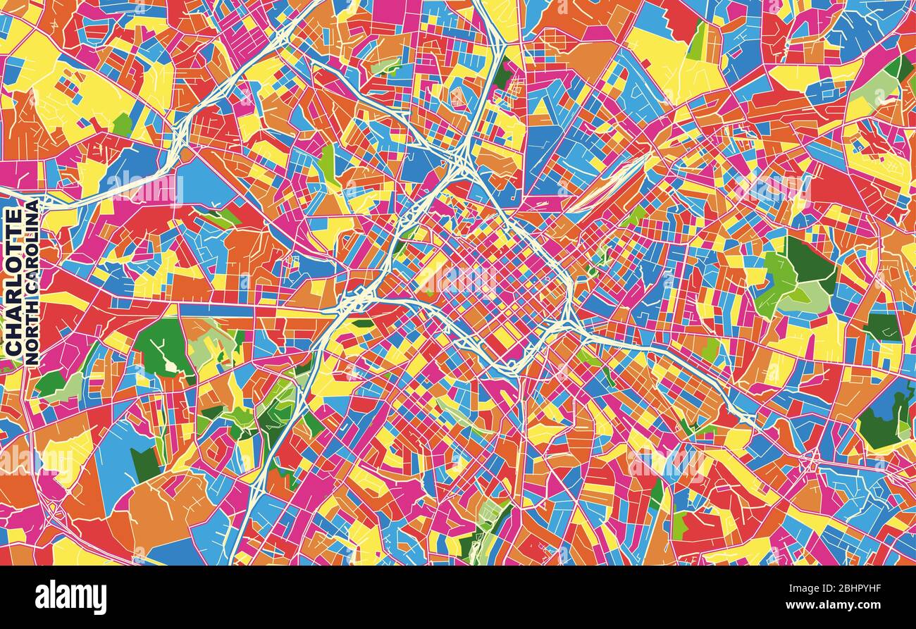 Mappa vettoriale colorata di Charlotte, Carolina del Nord, Stati Uniti. Modello Art Map per autostampare opere d'arte murali in formato orizzontale. Illustrazione Vettoriale
