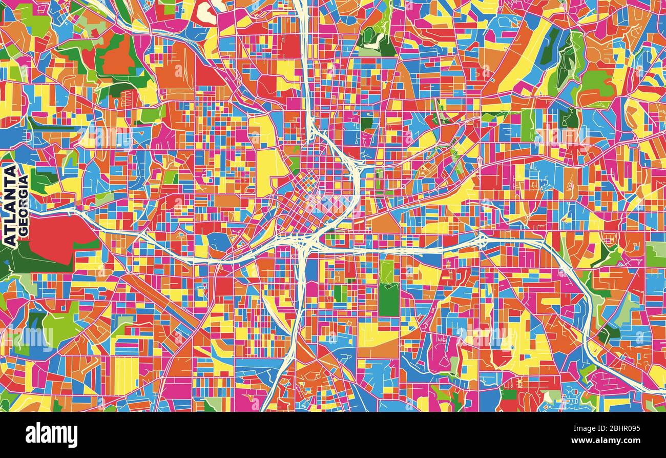 Mappa vettoriale colorata di Atlanta, Georgia, Stati Uniti. Modello Art Map per autostampare opere d'arte murali in formato orizzontale. Illustrazione Vettoriale
