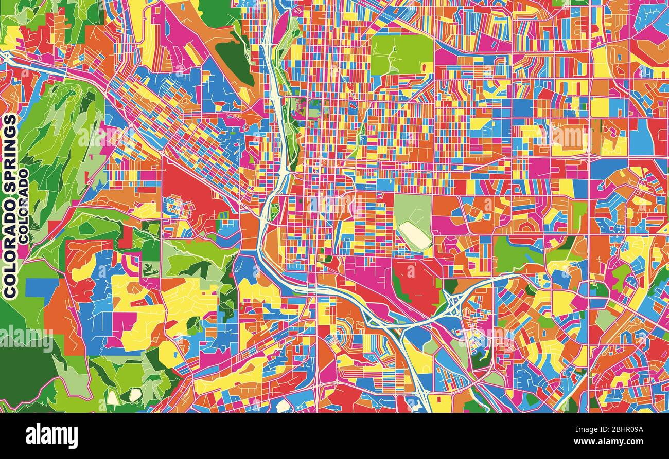 Mappa vettoriale colorata di Colorado Springs, Colorado, Stati Uniti. Modello Art Map per autostampare opere d'arte murali in formato orizzontale. Illustrazione Vettoriale