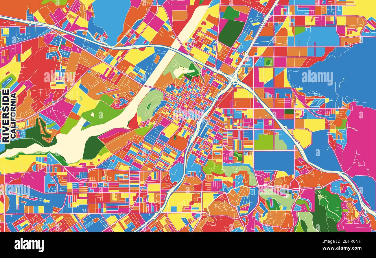 Mappa vettoriale colorata di Riverside, California, Stati Uniti. Modello Art Map per autostampare opere d'arte murali in formato orizzontale. Illustrazione Vettoriale