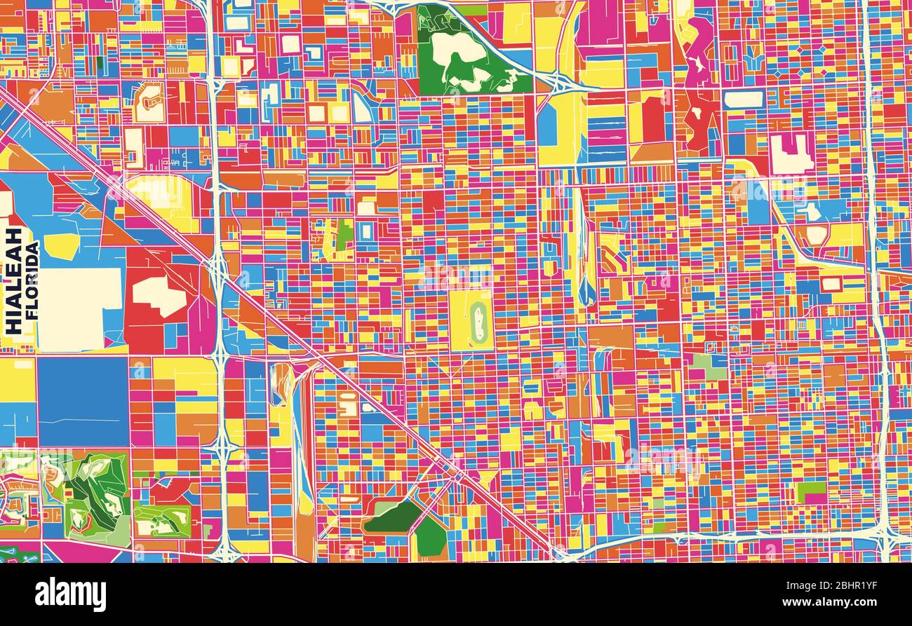 Mappa vettoriale colorata di Hialeah, Florida, U.S.A.. Modello Art Map per autostampare opere d'arte murali in formato orizzontale. Illustrazione Vettoriale