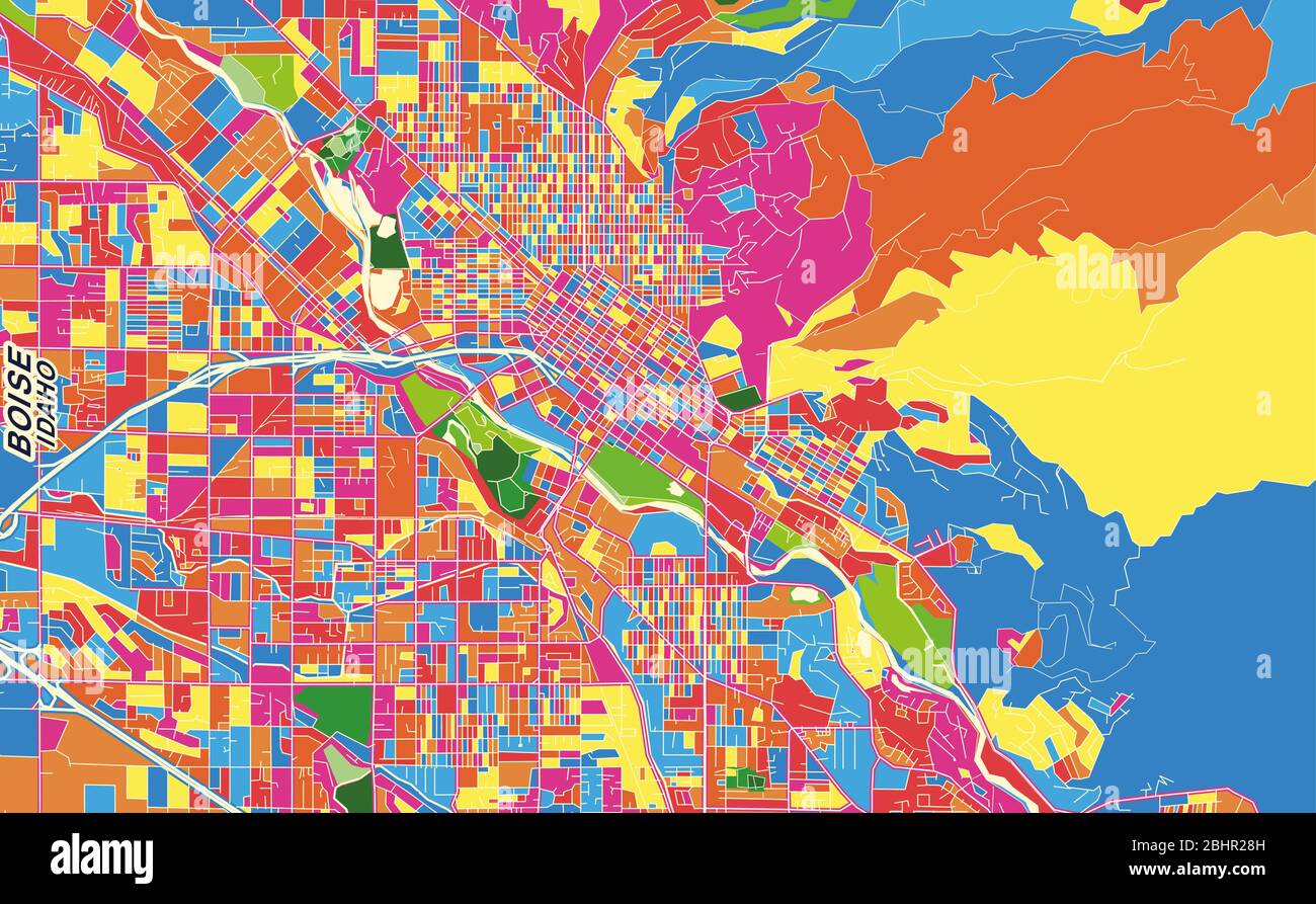 Mappa vettoriale colorata di Boise, Idaho, U.S.A. Modello Art Map per autostampare opere d'arte murali in formato orizzontale. Illustrazione Vettoriale