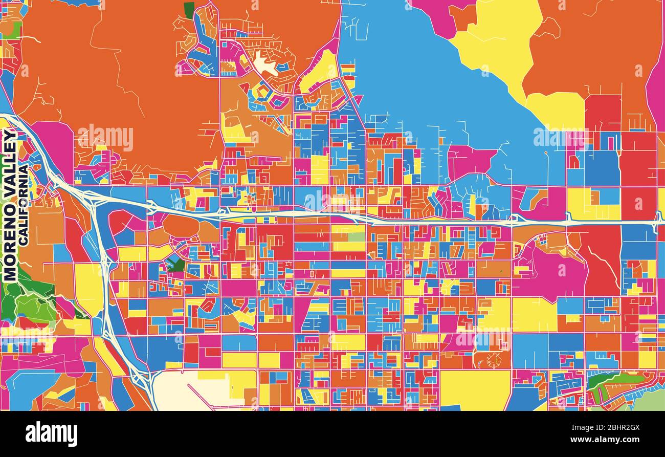 Mappa vettoriale colorata della Moreno Valley, California, USA. Modello Art Map per autostampare opere d'arte murali in formato orizzontale. Illustrazione Vettoriale