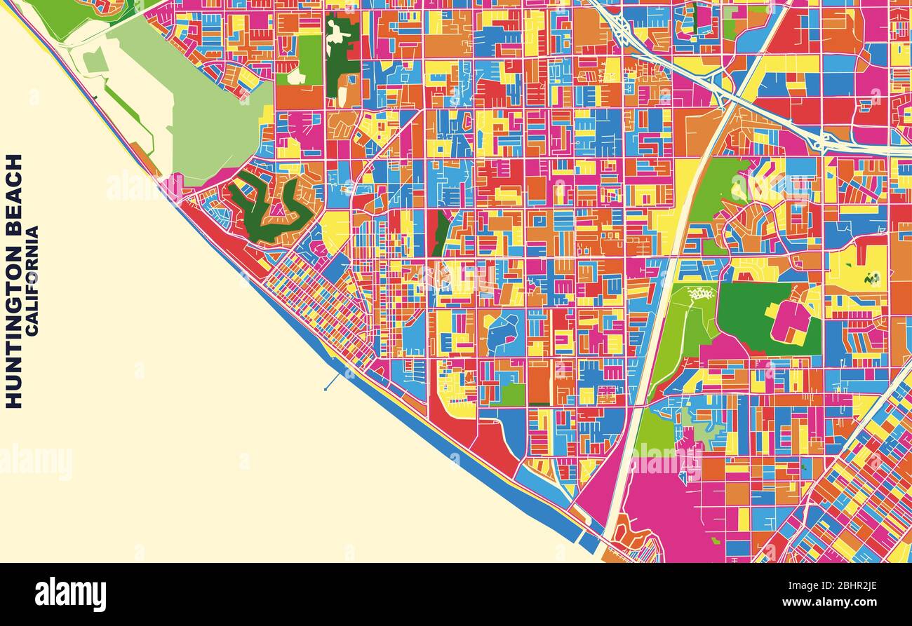 Mappa vettoriale colorata di Huntington Beach, California, USA. Modello Art Map per autostampare opere d'arte murali in formato orizzontale. Illustrazione Vettoriale