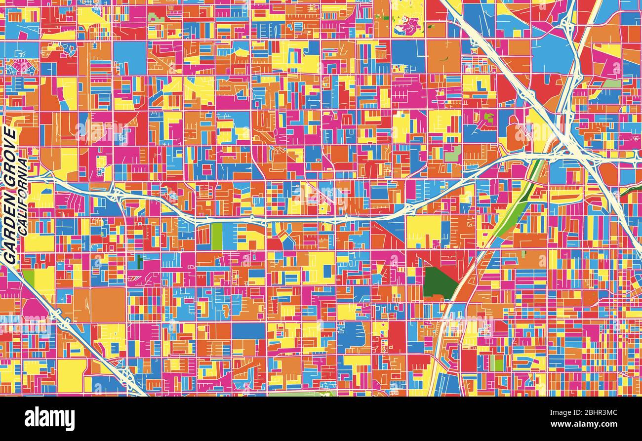 Mappa vettoriale colorata di Garden Grove, California, Stati Uniti. Modello Art Map per autostampare opere d'arte murali in formato orizzontale. Illustrazione Vettoriale