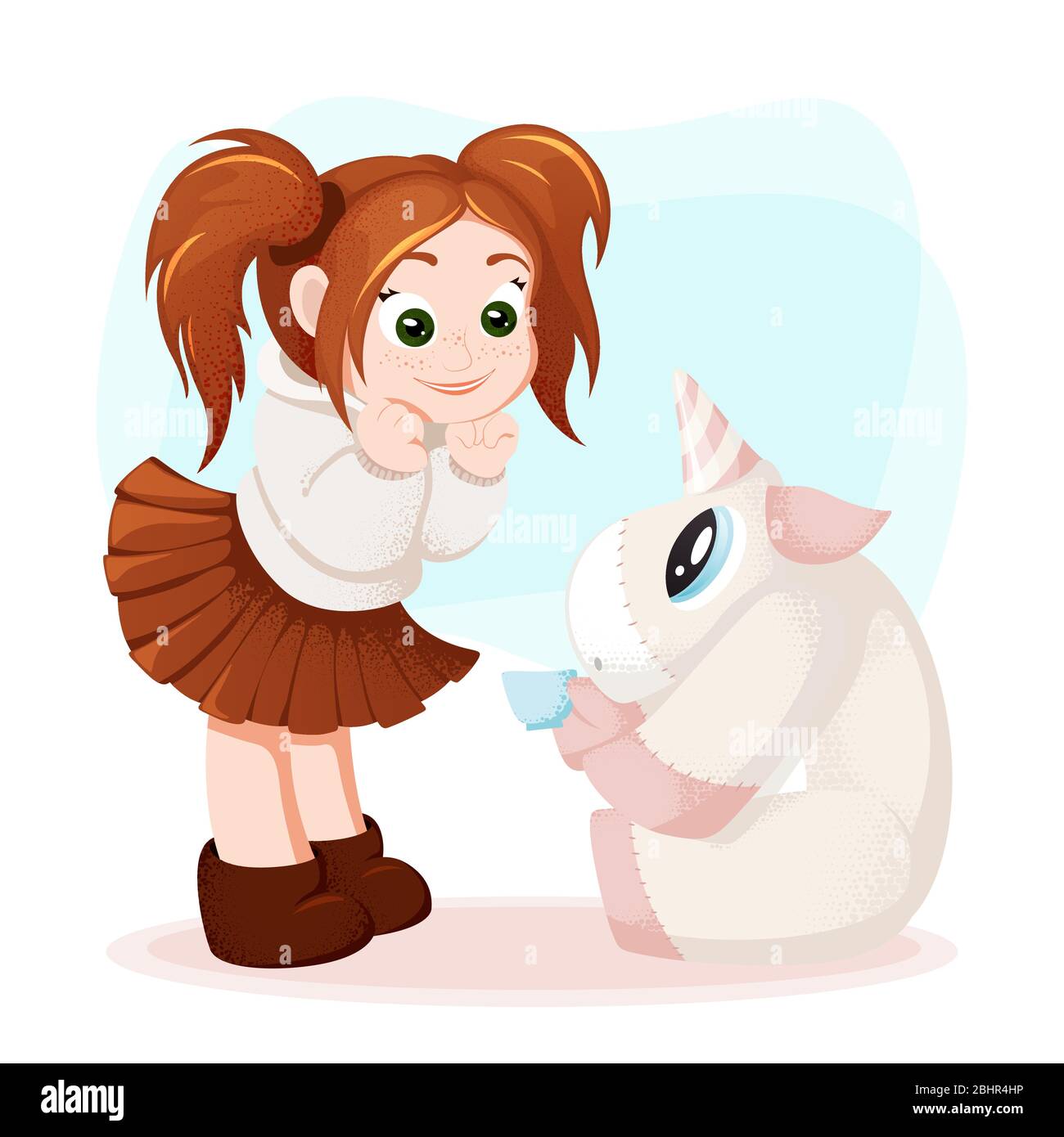 Biglietto di auguri con carino ragazza cartoon e fiaba unicorn giocattolo Illustrazione Vettoriale