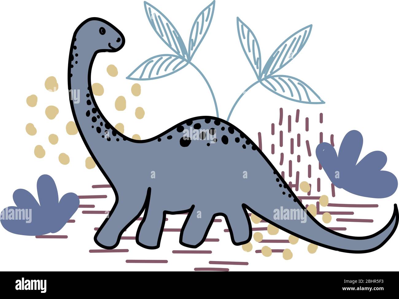 Dinosauro in stile piatto con piante stilizzate e terreno in colori pastello. Adatto per la stampa tessile o per inviti o per le wishe di congratulazioni Foto Stock