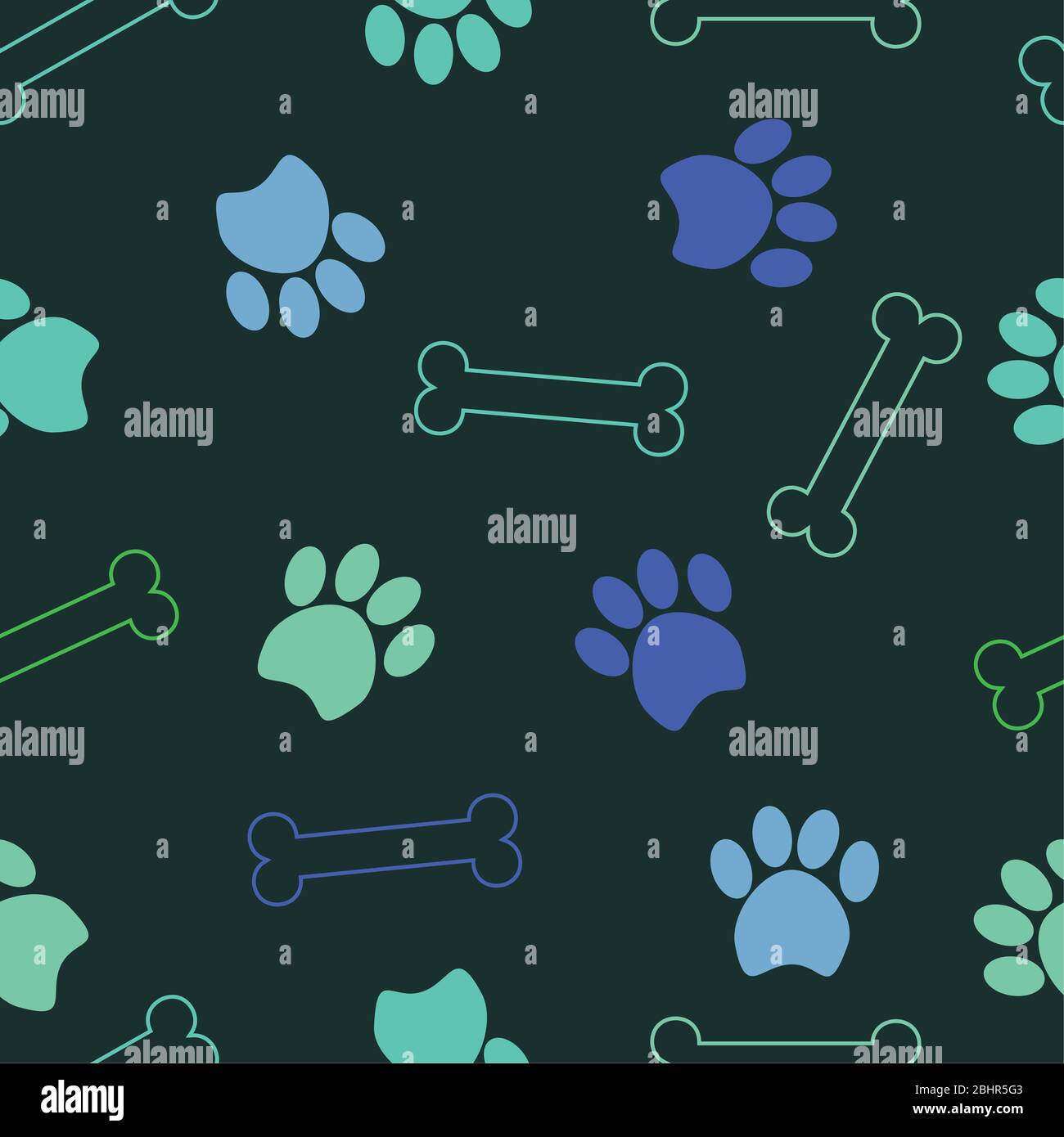 Motivo senza cuciture con motivo per cani. I contorni colorati delle ossa e delle zampe dei cani vengono stampati su uno sfondo grigio scuro. Adatto per la stampa di pap di tessuto o di imballaggio Foto Stock