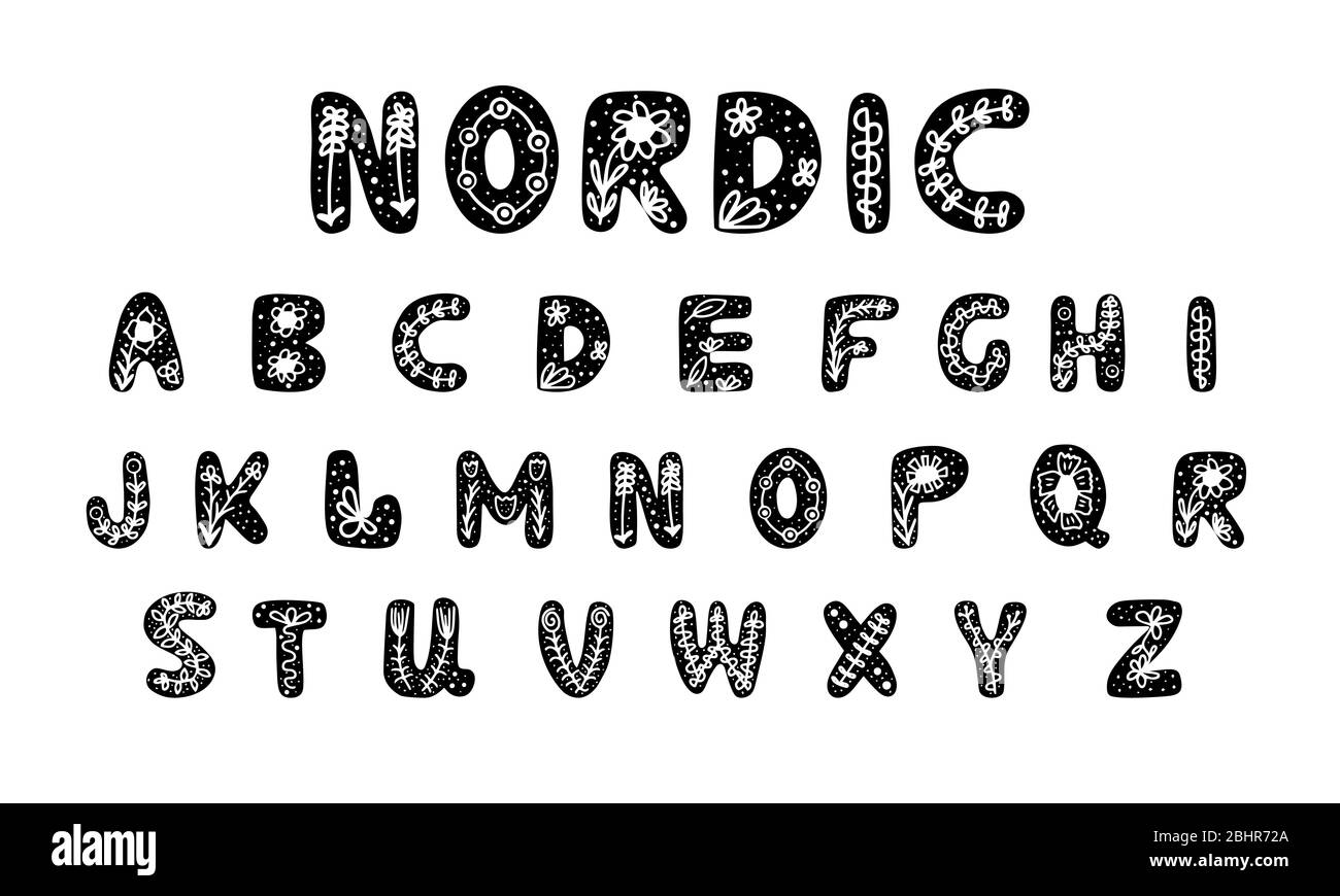 Alpabet disegnato a mano con elementi di erbe nordiche su di esso. Lettere carine in stile scandinavo moderno. Isolato su sfondo bianco. Scorta vettoriale Illustrazione Vettoriale