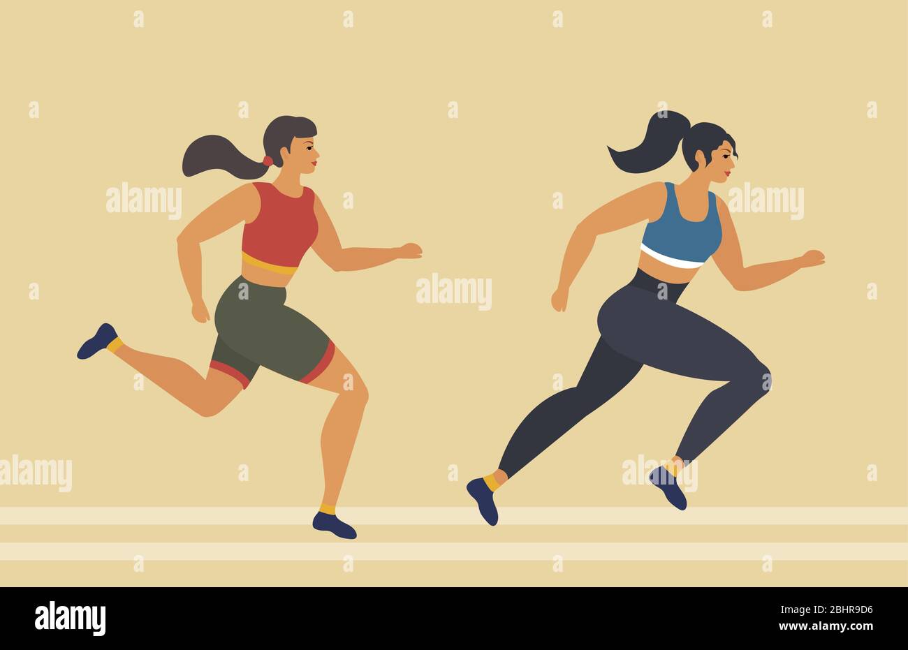 Donna corre maratona, atleta esegue una gara, superando la distanza. Sport ragazze, cardio workout. Illustrazione vettoriale Illustrazione Vettoriale
