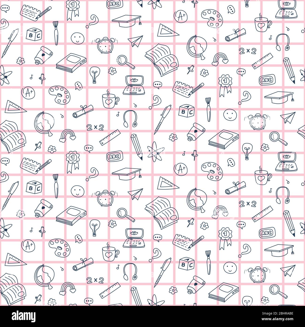 Modello vettoriale senza giunture con icone di educazione a scuola. Sfondo studente Doodle. Illustrazione Vettoriale