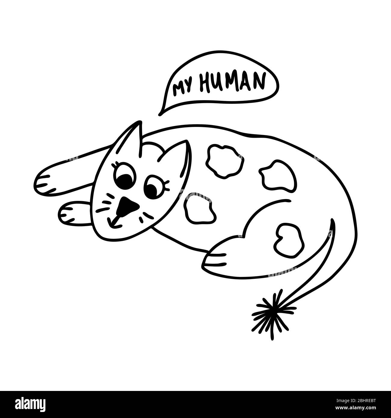 Gatto tirato a mano con citazione il mio umano. Elemento singolo isolato su sfondo bianco. Illustrazione di un vettore. Illustrazione Vettoriale