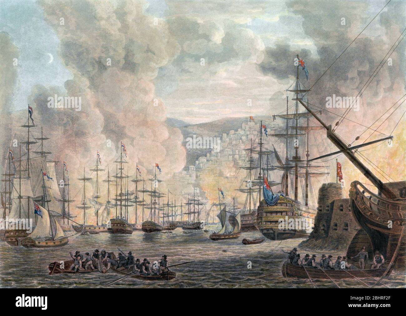 Il bombardamento di Algeri, 27 agosto 1816. Una flotta combinata di navi inglesi e olandesi ha bombardato Algeri in rappresaglia per continue attività di pirateria e schiavitù. Da un attacco contemporaneo di Nicolaus Heideloff, dopo Jan Willem Pieneman. Foto Stock