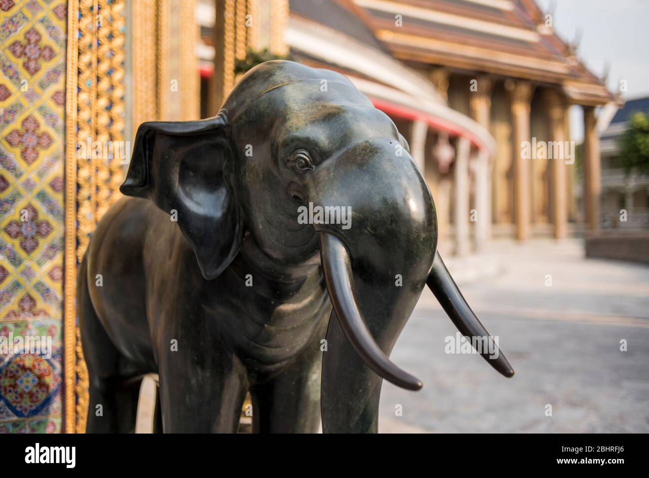 Statua dell'elefante al tempio di Wat Ratchabophit nel centro di Bangkok, Thailandia. Foto Stock