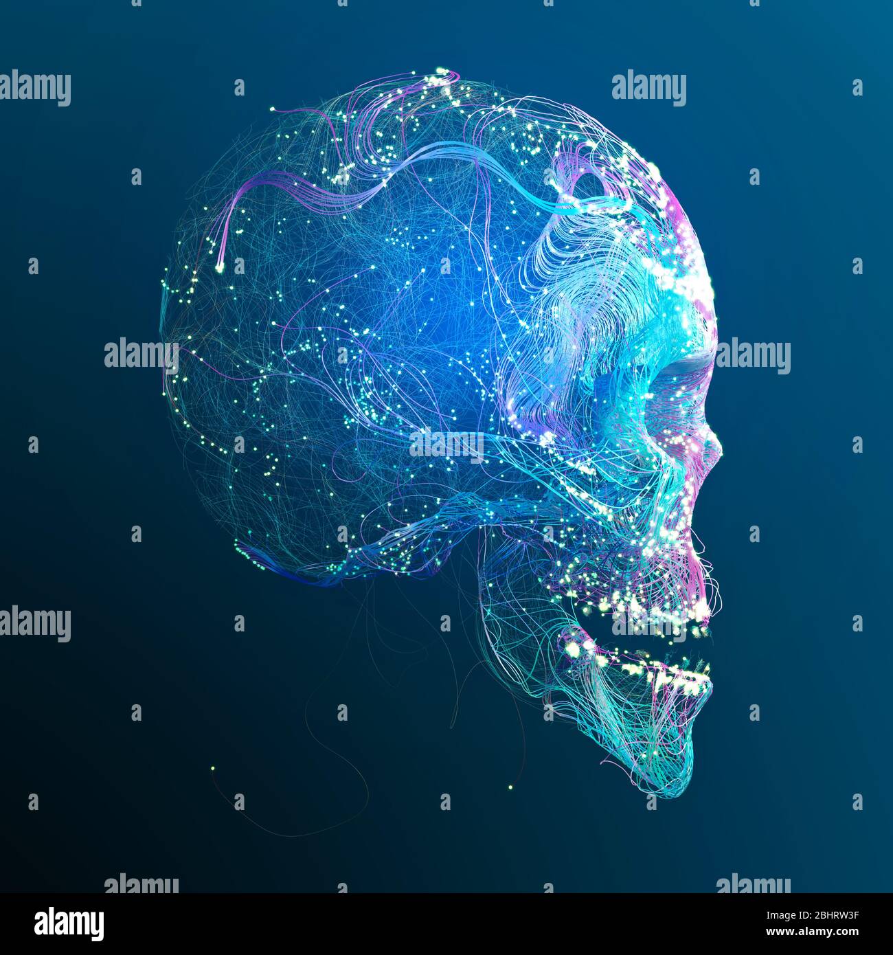Vista anatomica di un cranio, interconnessioni neuronali, cervello e comunicazione. Mente e pensiero. Neuroni e impulsi elettrici. rendering 3d Foto Stock