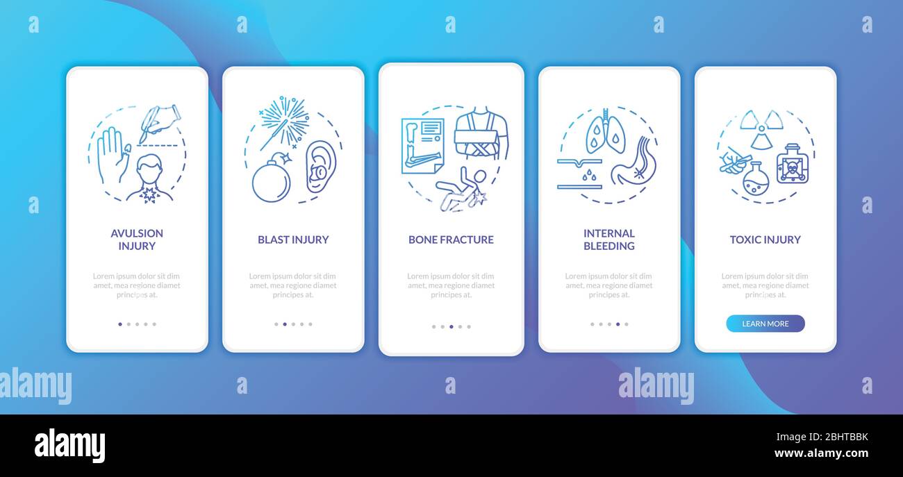 Trauma, avulsione e caricamento rapido della schermata della pagina dell'app mobile con i concetti. Istruzioni grafiche per la frattura e il sanguinamento interno in 5 fasi Illustrazione Vettoriale