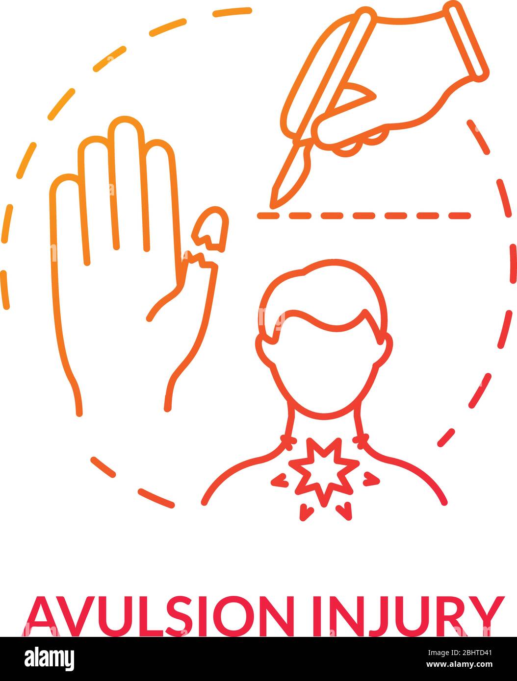 Icona del concetto di avulsione degli arti, privazione delle dita. Traumatismo, amputazione, danno al corpo umano, chirurgia, idea di frattura ossea illustrazione a linee sottili. Vettore Illustrazione Vettoriale