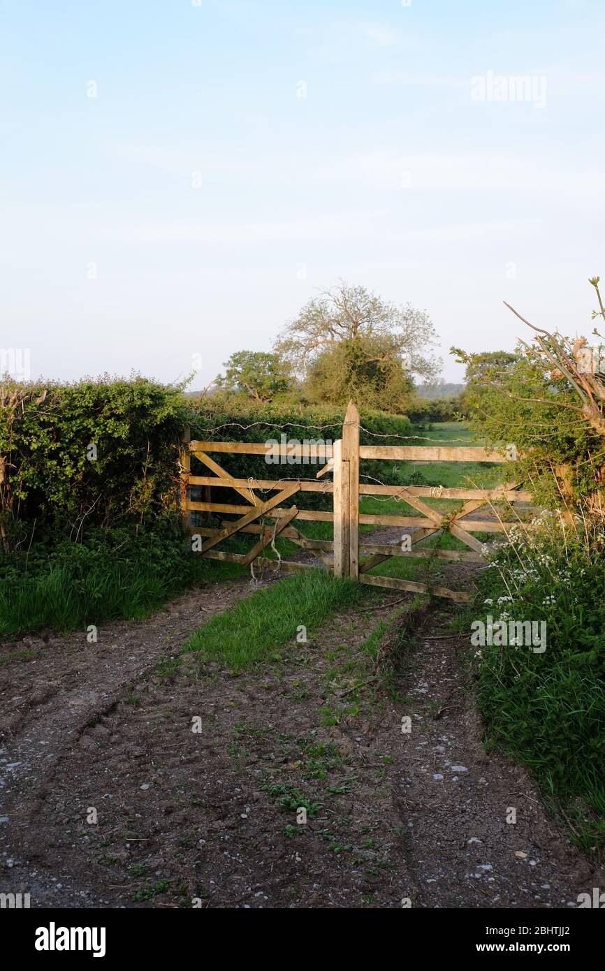 Aprile 2020 - antiche porte di pista in legno fattoria nel villaggio Somerset di Cheddar Foto Stock