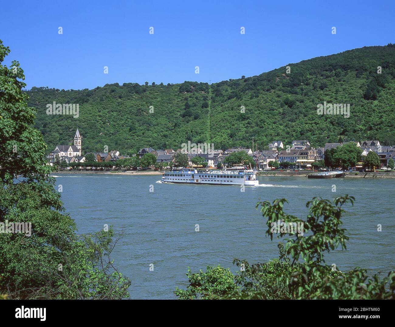 Battello sul fiume Reno, Kaub, Renania-Palatinato, Repubblica federale di Germania Foto Stock