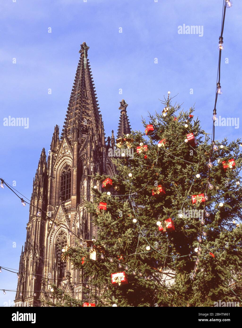 Albero di Natale e guglia della Cattedrale di Koln al mercato di Natale di Alter Markt, Colonia (Koln), Nordrhein-Westfalen, Repubblica federale di Germania Foto Stock