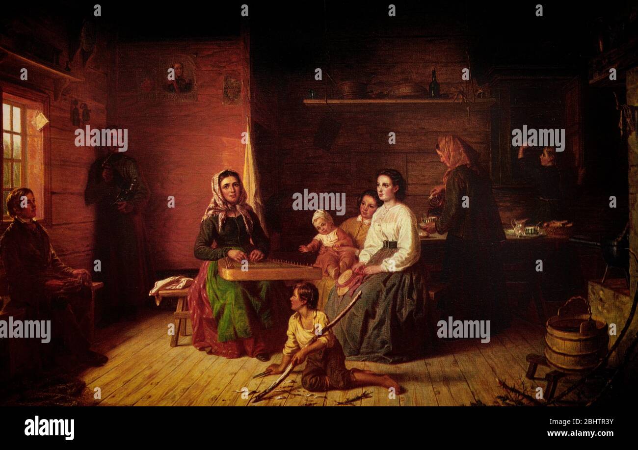 Una tradizionale fattoria contadina, in cui una donna gioca al Kantele uno strumento tradizionale finnico e Karelian a corda, mentre altri ascoltano, Finlandia. Dipinto da Robert Wilhelm Ekman (1808-1873), a.k.a. R. W. Ekman, pittore dei ritratti romantici finlandesi e del romanticismo nazionale. Foto Stock