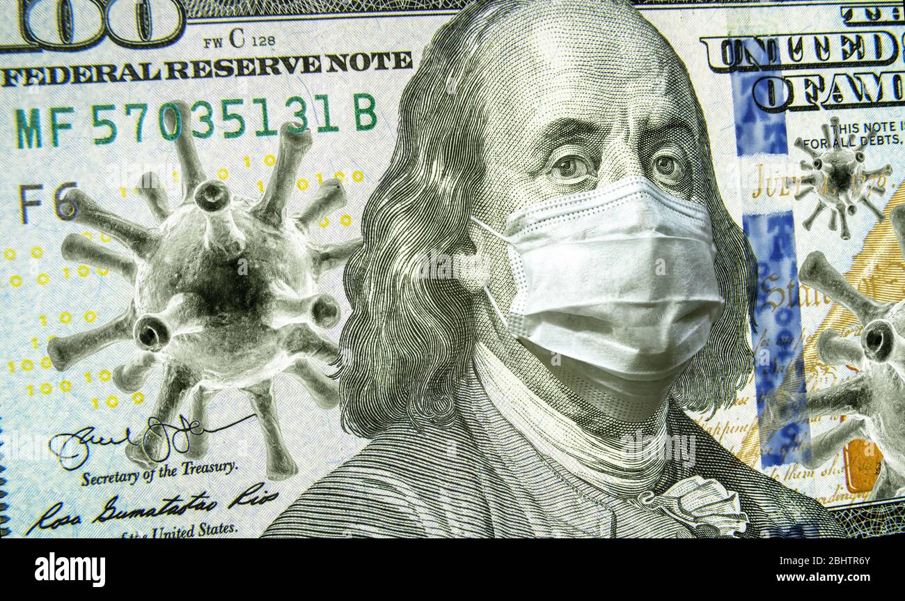 COVID-19, concetto di crisi finanziaria e commerciale, bolletta in dollari con icone di coronavirus, illustrazione 3D. COVID influisce sul mercato azionario globale. Mondo e Foto Stock