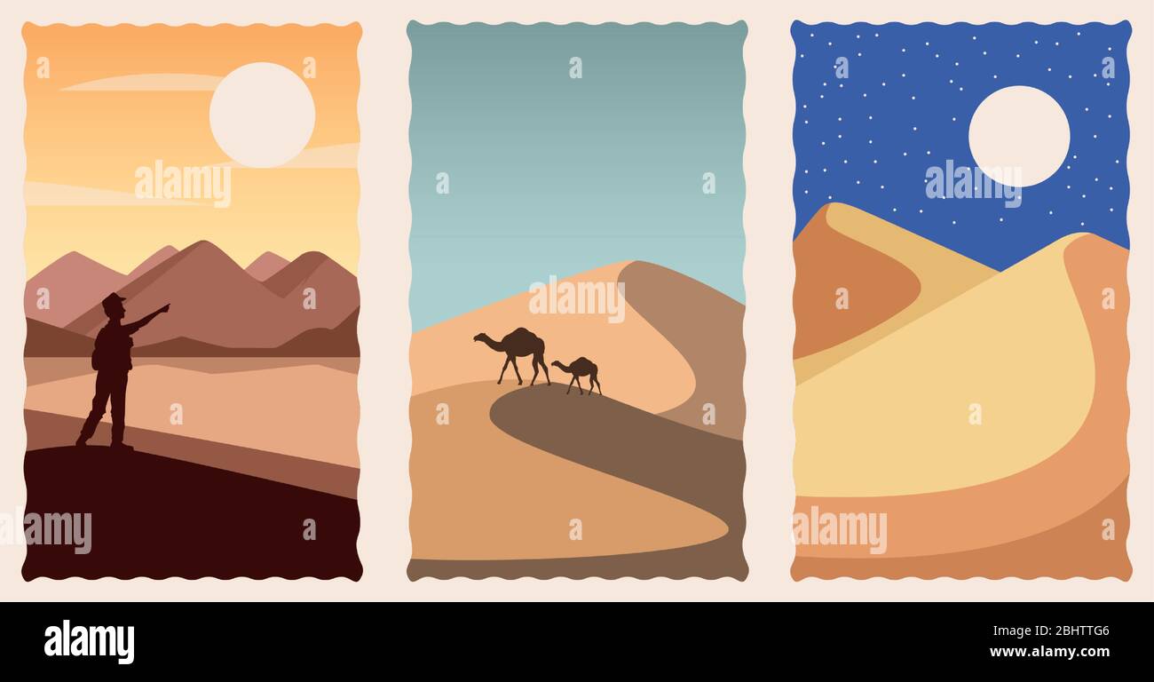 set di paesaggi desertici scenari pianeggianti Illustrazione Vettoriale