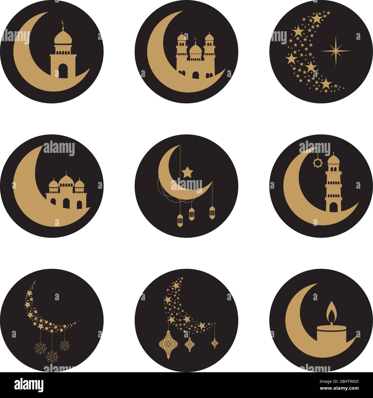 lune di crescent e icona di ramadan su sfondo bianco, stile linea di blocco, illustrazione vettoriale Illustrazione Vettoriale