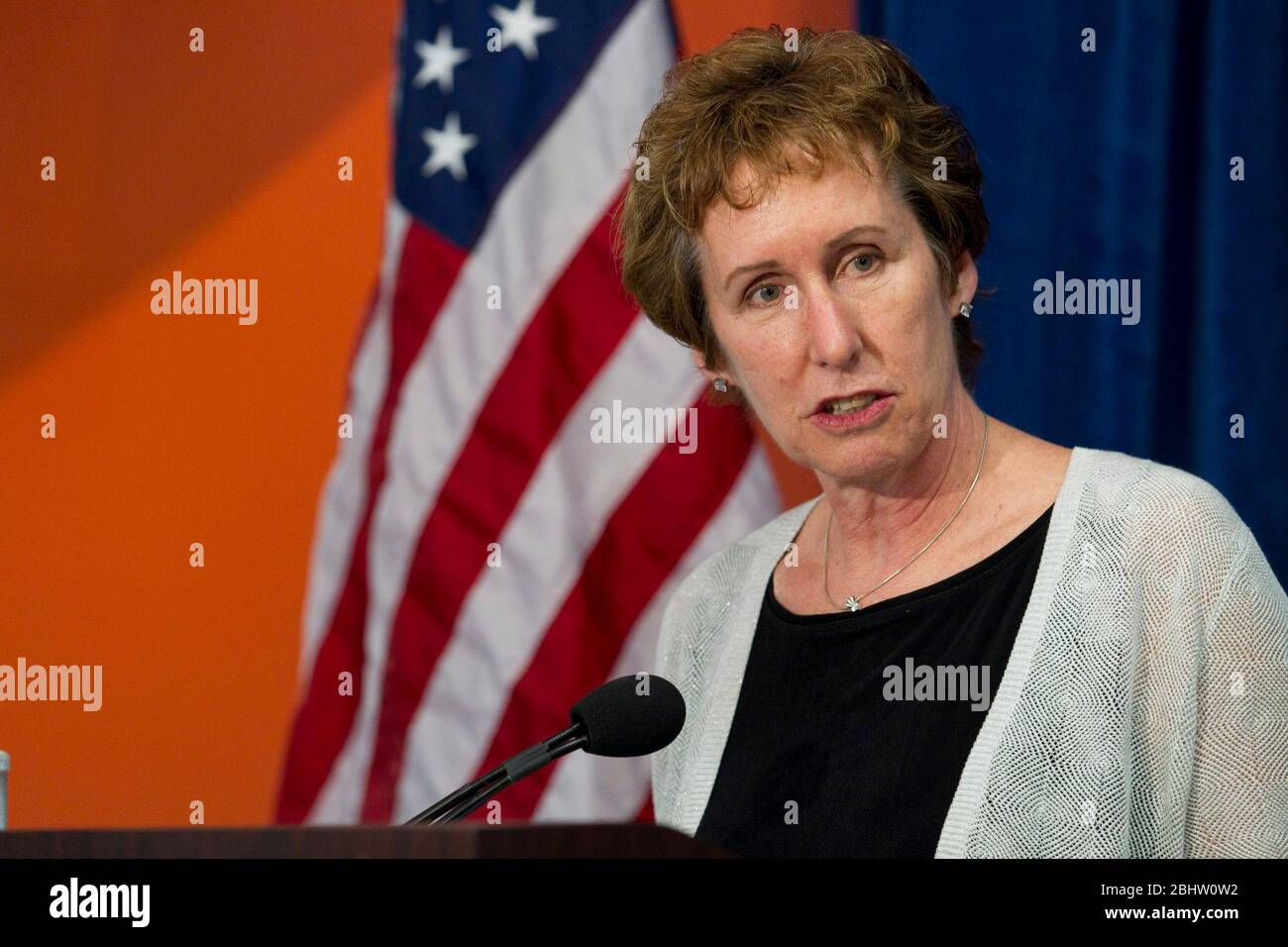 Austin, Texas USA, 20 luglio 2011: General Services Administrator Martha N. Johnson parla a una conferenza stampa che annuncia una strategia federale per promuovere i mercati e i posti di lavoro del riciclaggio di elettronica negli Stati Uniti, una priorità dell'amministrazione Obama per incoraggiare una progettazione più amichevole e promuovere il riciclaggio. L'evento si è svolto nel Round2, un impianto di riciclaggio ad alta tecnologia ad Austin. ©Bob Daemmrich Foto Stock