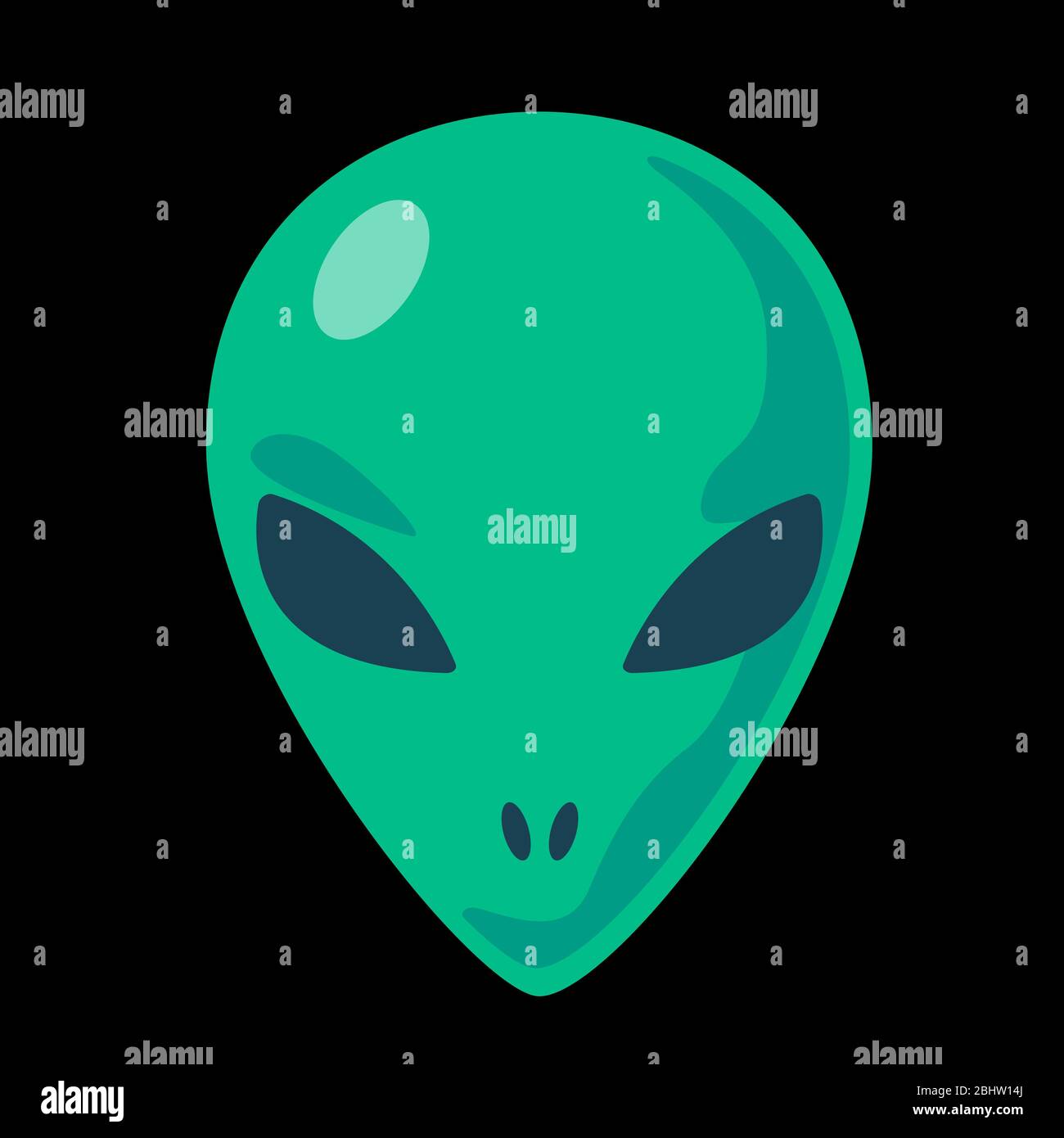 Icona verde alieno. Illustrazione vettoriale del logo della testa anteriore con corpo umanoide extraterrestre. Adesivo con il simbolo UFO. Design paranormale con stampa T-shirt. Carattere piatto isolato su sfondo nero.Fun clip art. Illustrazione Vettoriale